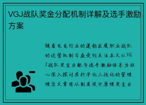 VGJ战队奖金分配机制详解及选手激励方案